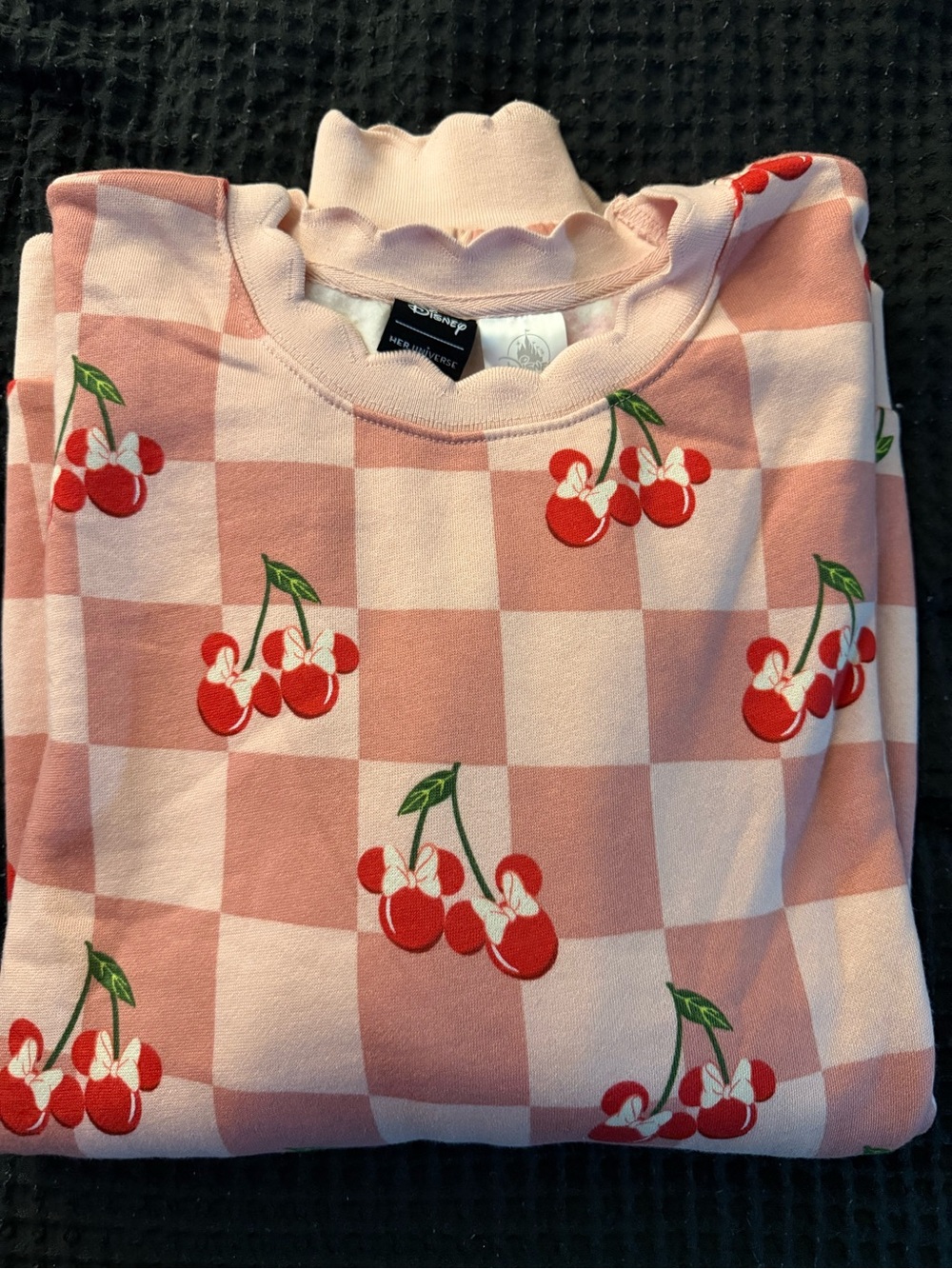 Her Universe Pink Checker Plaid Cherry Sweatshirt with Scalloped Neck